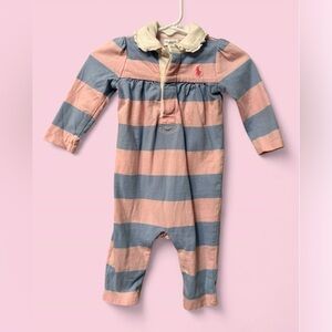 Ralph Lauren Baby Girl Pink Periwinkle Stripe Collared Romper 6M Cotton
